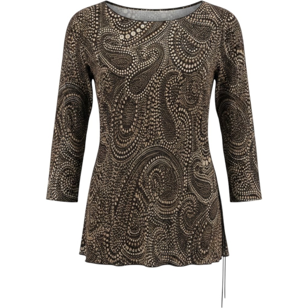 Connected Apparel Brown Paisley Plisse Pleated 3/4 Tunic Top M